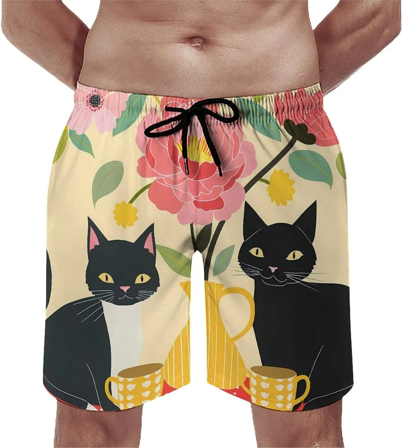 Black Cat Coffee Men's Swim Trunks Quick Dry Board Shorts Breathable Summer Beach Shorts Bathing Suits