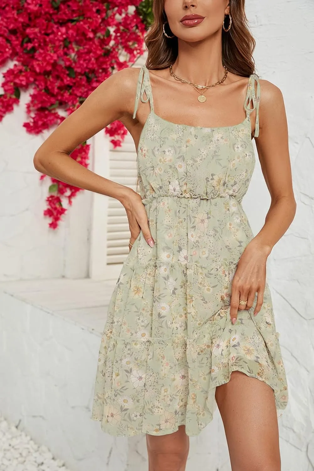 BLAZOR Women's Summer Floral Print Tie Strap Square Neck Ruffle Boho Midi Dress Sleeveless Backless A Line Flowy Mini Dress