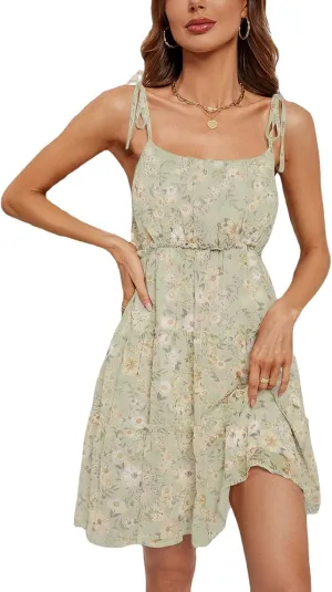 BLAZOR Women's Summer Floral Print Tie Strap Square Neck Ruffle Boho Midi Dress Sleeveless Backless A Line Flowy Mini Dress