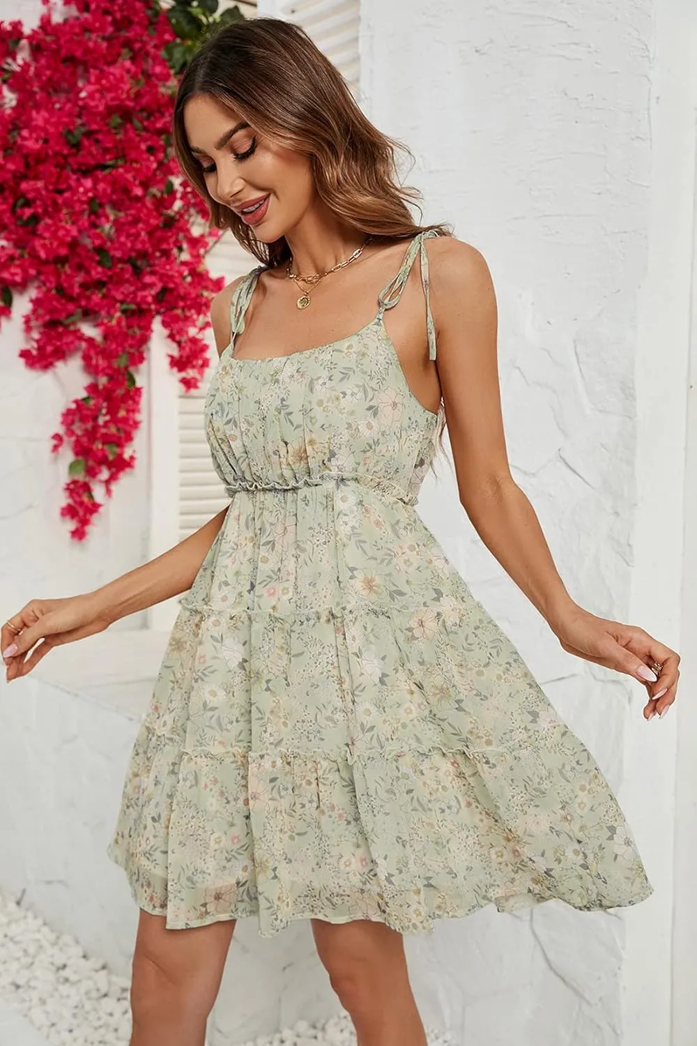 BLAZOR Women's Summer Floral Print Tie Strap Square Neck Ruffle Boho Midi Dress Sleeveless Backless A Line Flowy Mini Dress