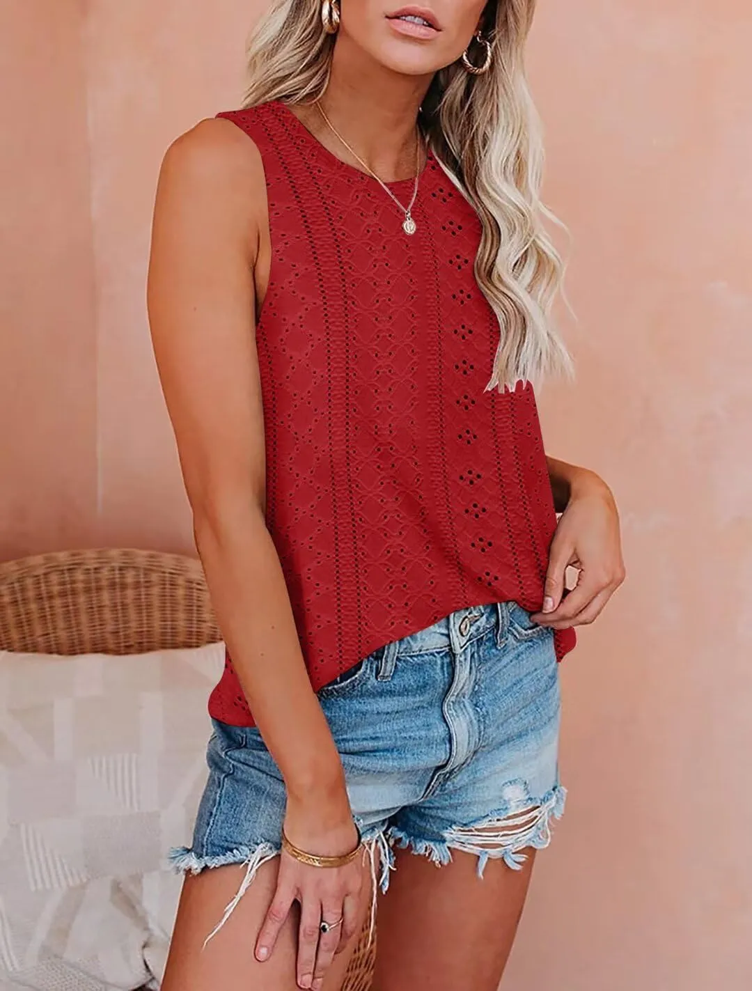 Bliwov Womens Summer Tank Tops Eyelet Embroidery Shirts Sleeveless Casual Beach Vacation Clothes Scoop Neck Basic Top