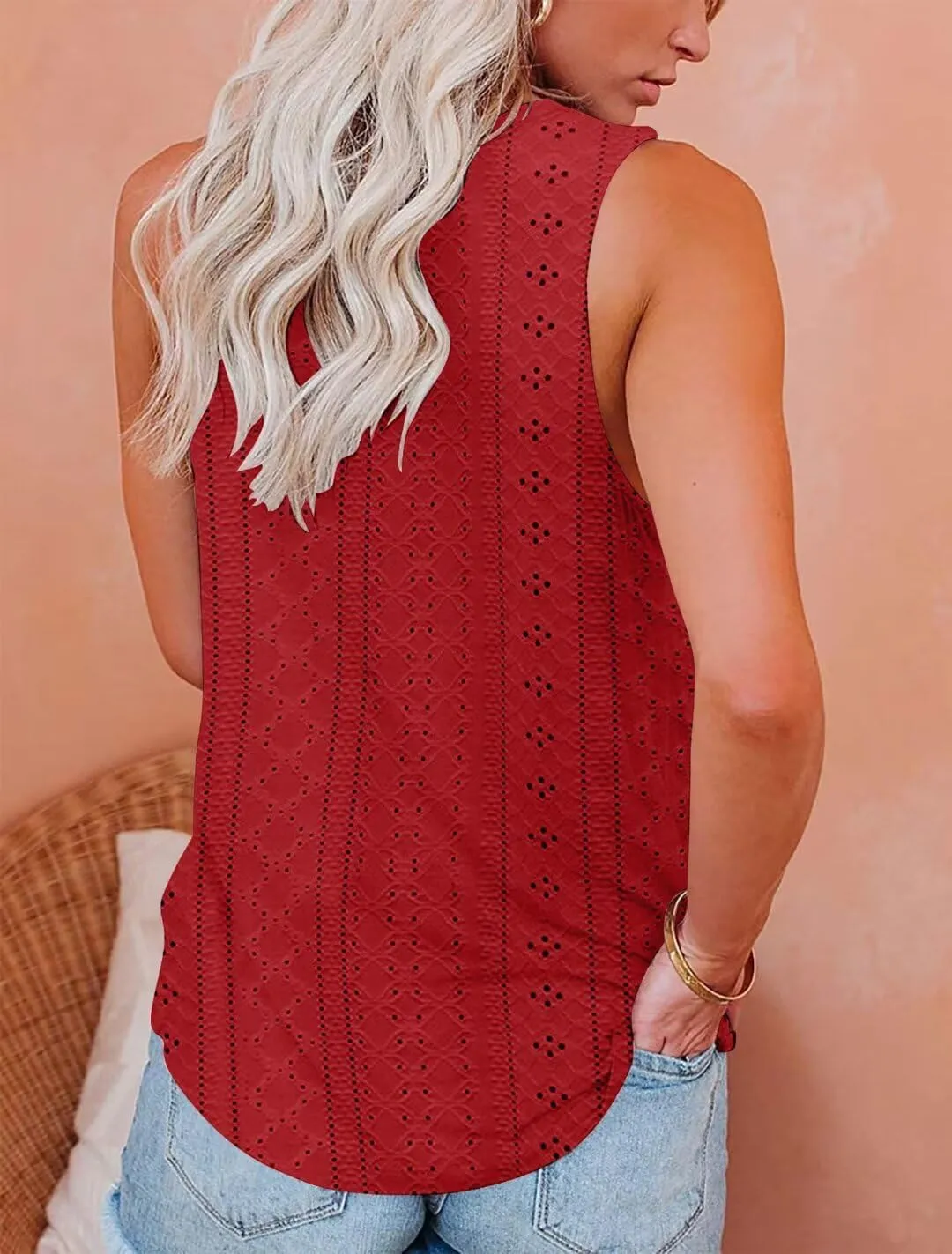 Bliwov Womens Summer Tank Tops Eyelet Embroidery Shirts Sleeveless Casual Beach Vacation Clothes Scoop Neck Basic Top