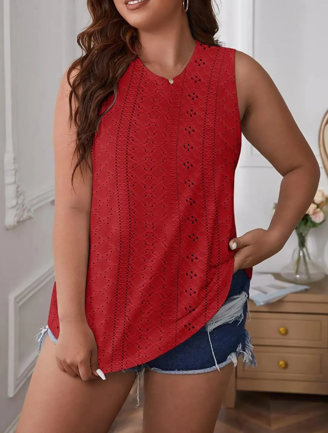 Bliwov Womens Summer Tank Tops Eyelet Embroidery Shirts Sleeveless Casual Beach Vacation Clothes Scoop Neck Basic Top