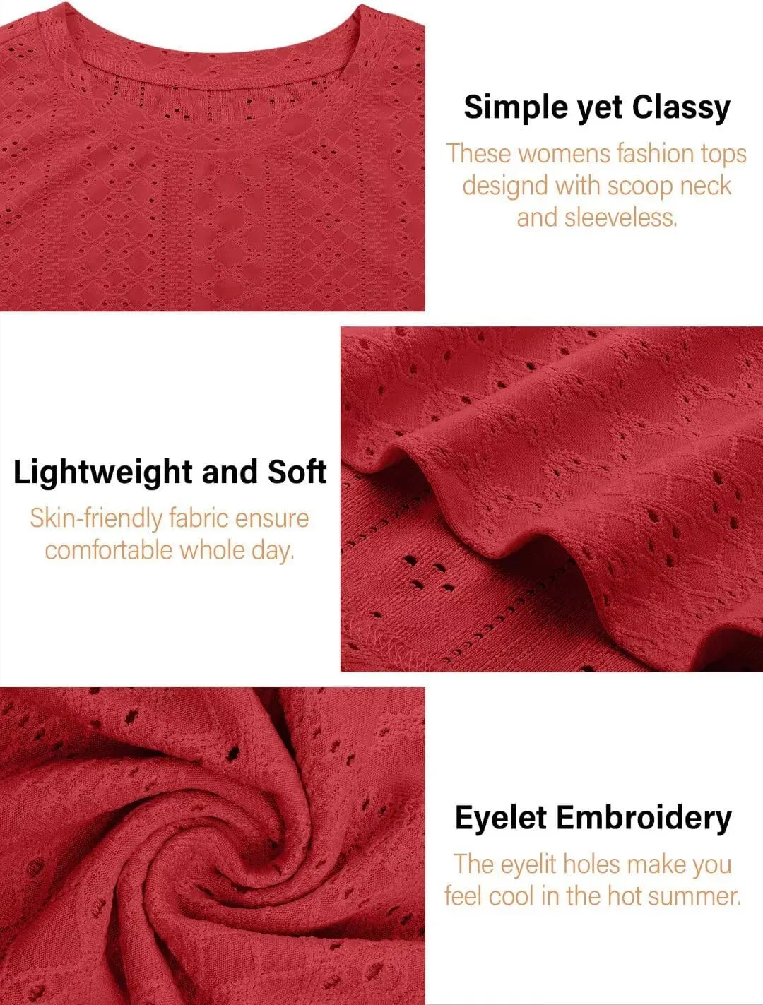Bliwov Womens Summer Tank Tops Eyelet Embroidery Shirts Sleeveless Casual Beach Vacation Clothes Scoop Neck Basic Top
