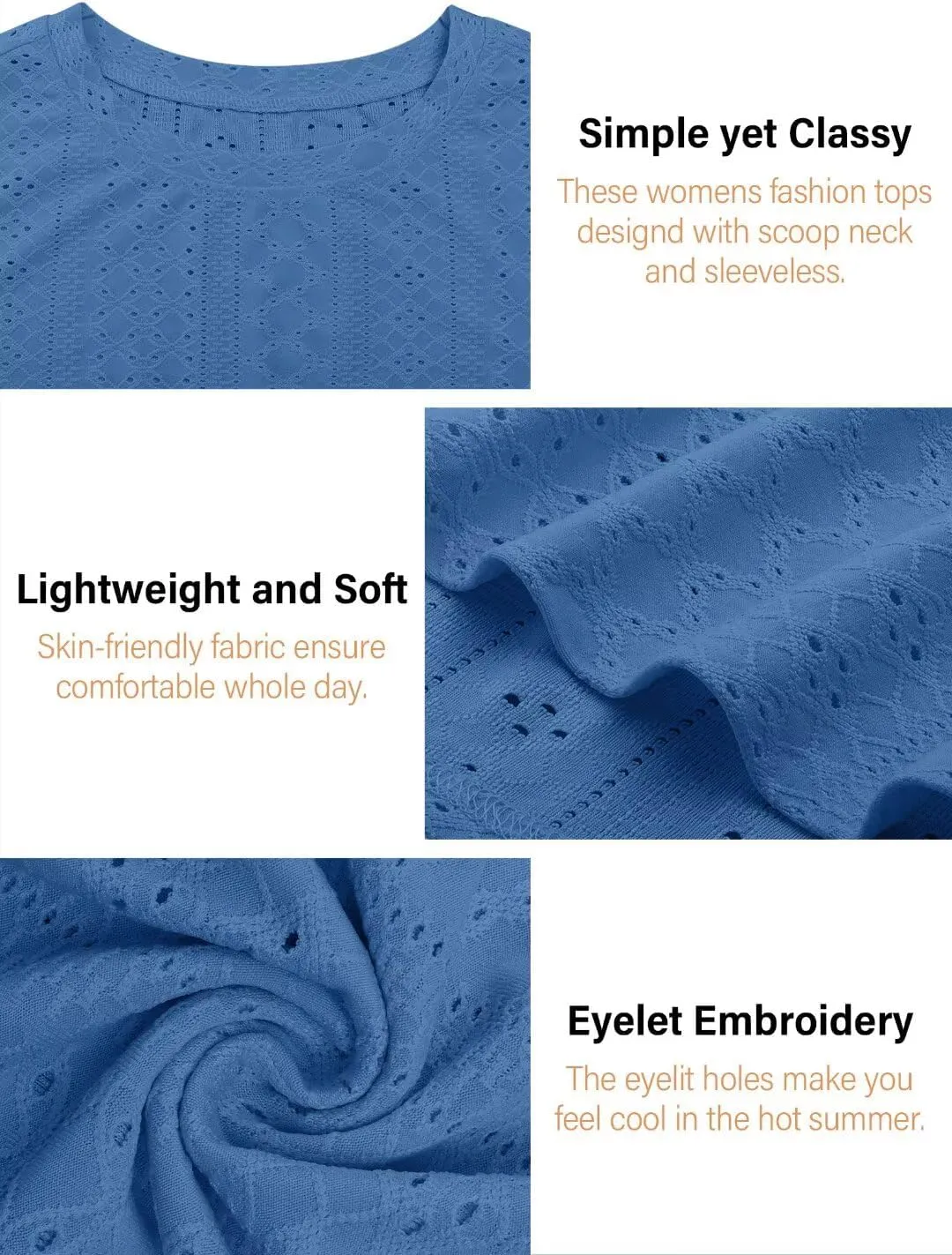 Bliwov Womens Summer Tank Tops Eyelet Embroidery Shirts Sleeveless Casual Beach Vacation Clothes Scoop Neck Basic Top