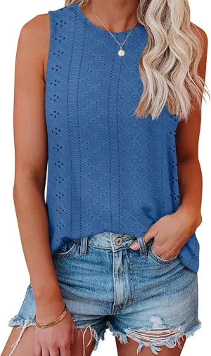 Bliwov Womens Summer Tank Tops Eyelet Embroidery Shirts Sleeveless Casual Beach Vacation Clothes Scoop Neck Basic Top