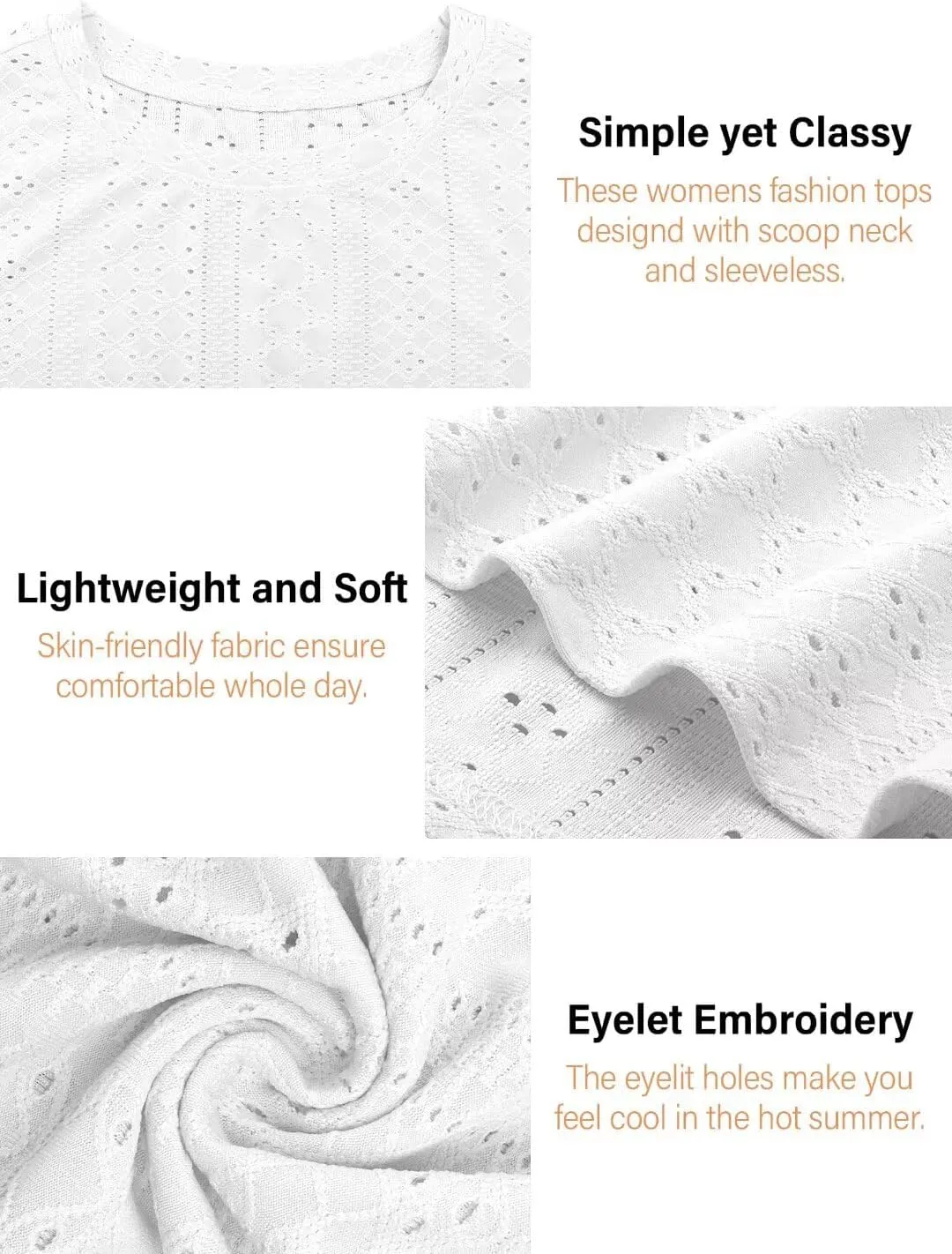 Bliwov Womens Summer Tank Tops Eyelet Embroidery Shirts Sleeveless Casual Beach Vacation Clothes Scoop Neck Basic Top