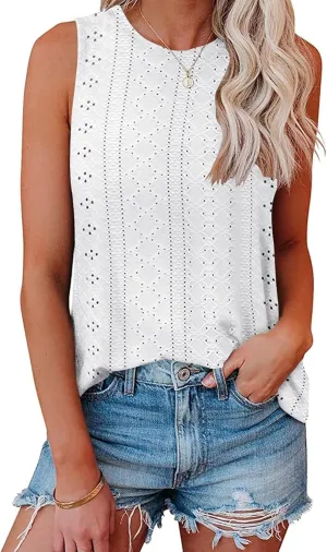 Bliwov Womens Summer Tank Tops Eyelet Embroidery Shirts Sleeveless Casual Beach Vacation Clothes Scoop Neck Basic Top