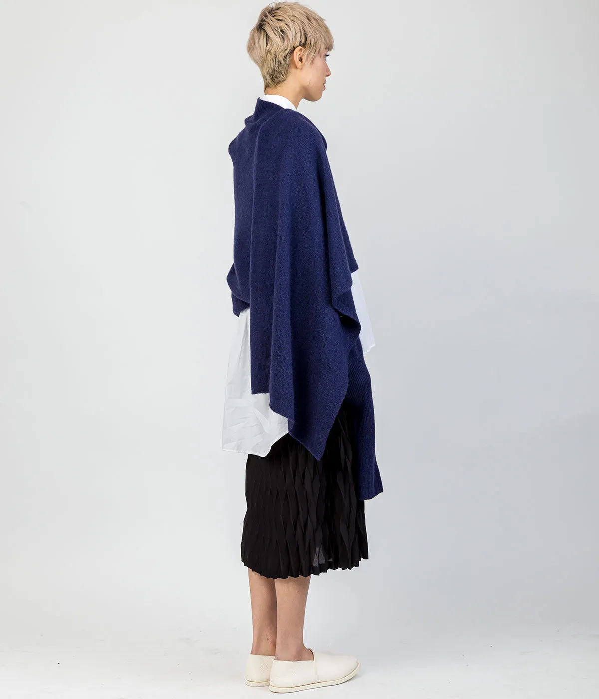 Blue Single Sleeve Draped Wrap Sweater
