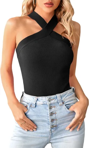 Bodosalia Women Criss Cross Halter Tank Top Solid Ribbed Sleeveless Shirts Summer Casual Basic Cami