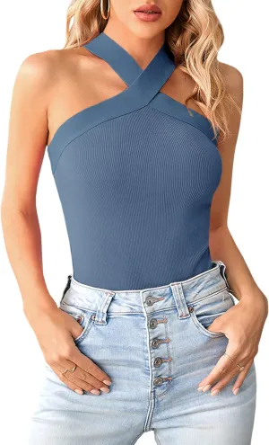 Bodosalia Women Criss Cross Halter Tank Top Solid Ribbed Sleeveless Shirts Summer Casual Basic Cami