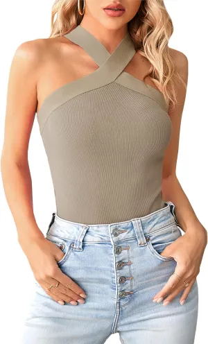 Bodosalia Women Criss Cross Halter Tank Top Solid Ribbed Sleeveless Shirts Summer Casual Basic Cami