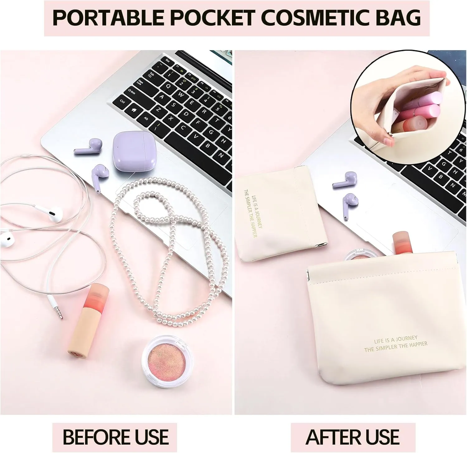 Boobeen 2 Pcs Small Makeup Bags for Purse, Pocket Cosmetic Bags, Squeeze Top Pocket Makeup Bag No Zipper Make up Pouch for Women Waterproof Multifunctional Travel Storage Pouch