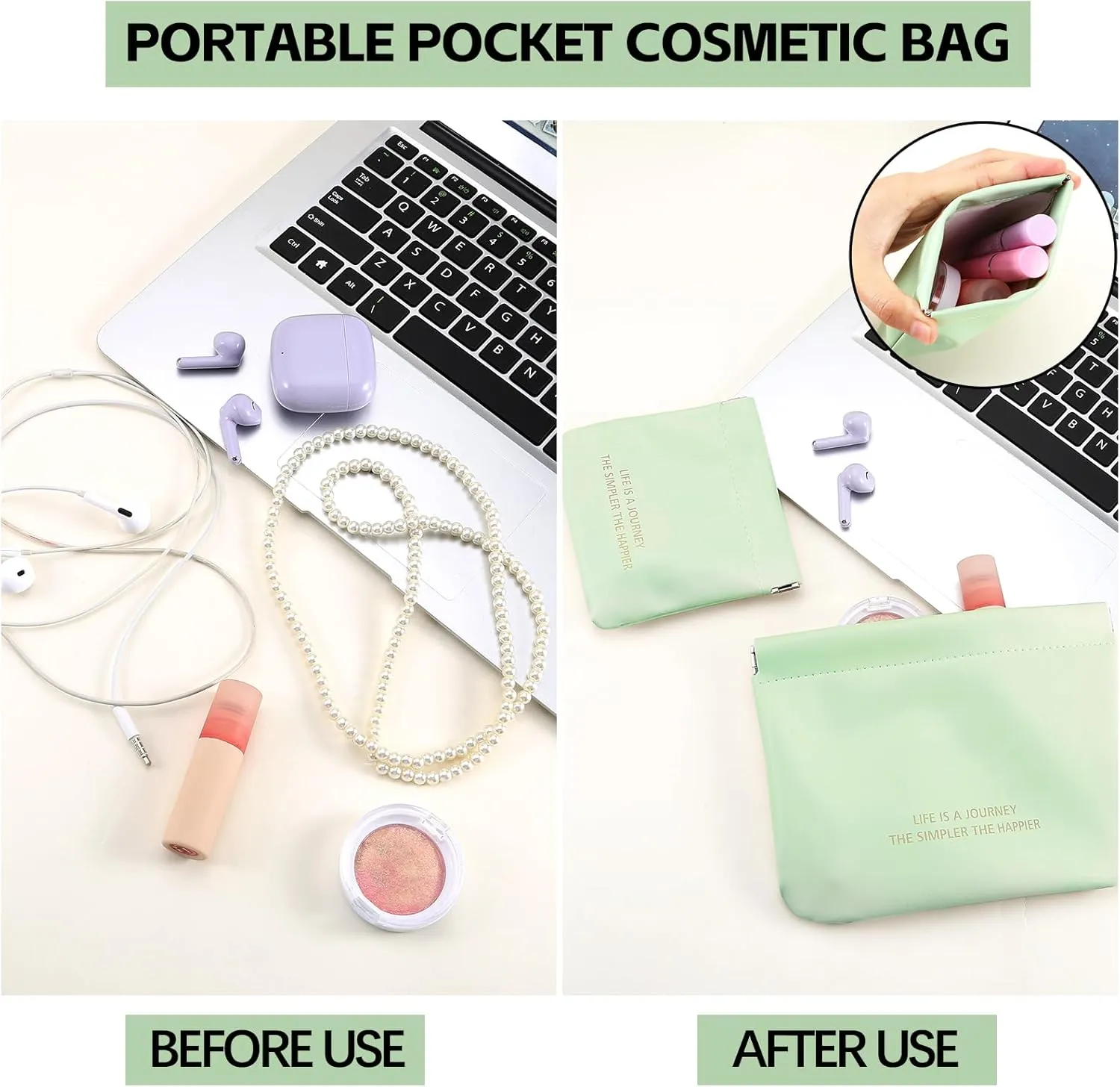 Boobeen 2 Pcs Small Makeup Bags for Purse, Pocket Cosmetic Bags, Squeeze Top Pocket Makeup Bag No Zipper Make up Pouch for Women Waterproof Multifunctional Travel Storage Pouch