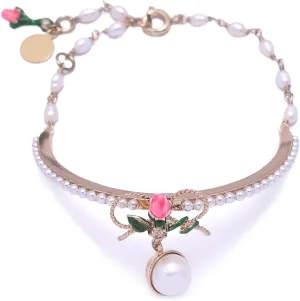 Bow Pearl Bracelet for Women Handmade Enamel Rose Flower Flower Bracelet 18K Gold Adjustable Wristlet Jewelry Gift for Women Anniversary Birthday Valentine's Day Gift for Wife Mother Daughter