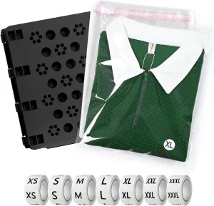 BoxLegend Shirt Folding Board V3 with Shirt Bags and Size Stickers Pack of 100 Bags 11x14 inches and 1 Folding Board and 7 Sizes 3500 PCS Size Stickers for Clothing Tshirt Bags for Small Business