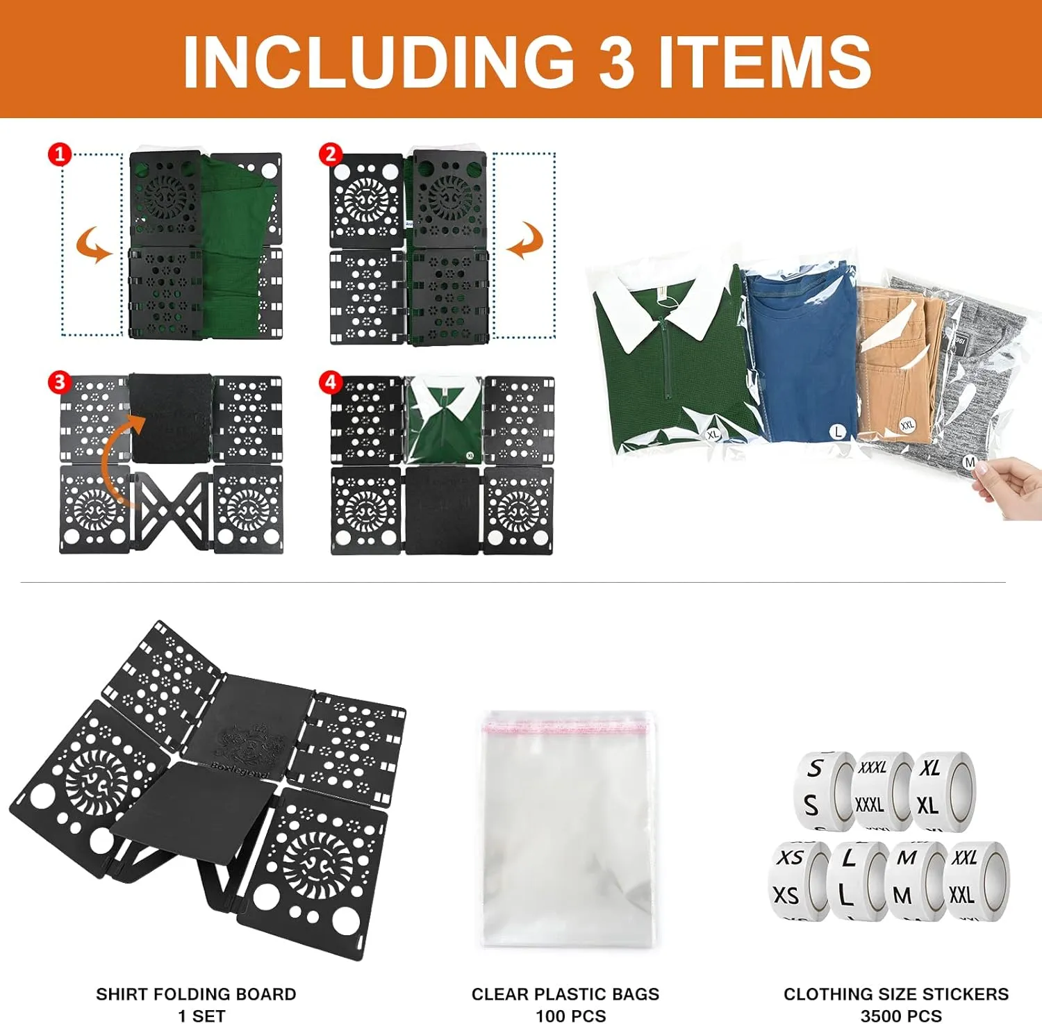 BoxLegend Shirt Folding Board V3 with Shirt Bags and Size Stickers Pack of 100 Bags 11x14 inches and 1 Folding Board and 7 Sizes 3500 PCS Size Stickers for Clothing Tshirt Bags for Small Business