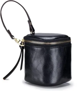 Bucket Makeup Bag with Mirror Genuine Leather Mini Coin Purse Pouch Travel Jewelry Lipstick Case Cosmetic Organizer Purse Clutch Gift for Women Girls