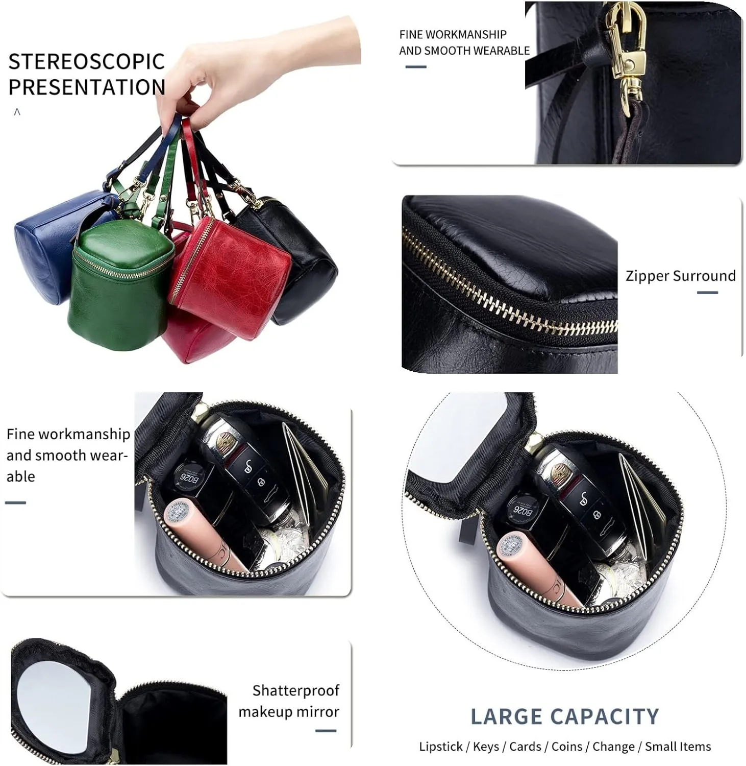 Bucket Makeup Bag with Mirror Genuine Leather Mini Coin Purse Pouch Travel Jewelry Lipstick Case Cosmetic Organizer Purse Clutch Gift for Women Girls