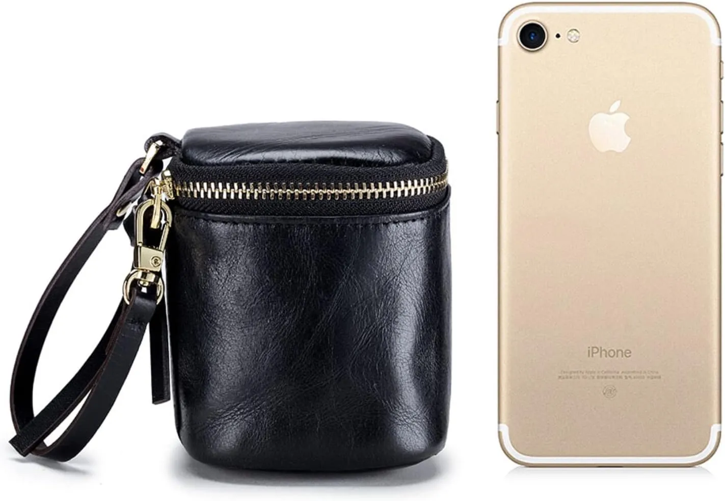 Bucket Makeup Bag with Mirror Genuine Leather Mini Coin Purse Pouch Travel Jewelry Lipstick Case Cosmetic Organizer Purse Clutch Gift for Women Girls