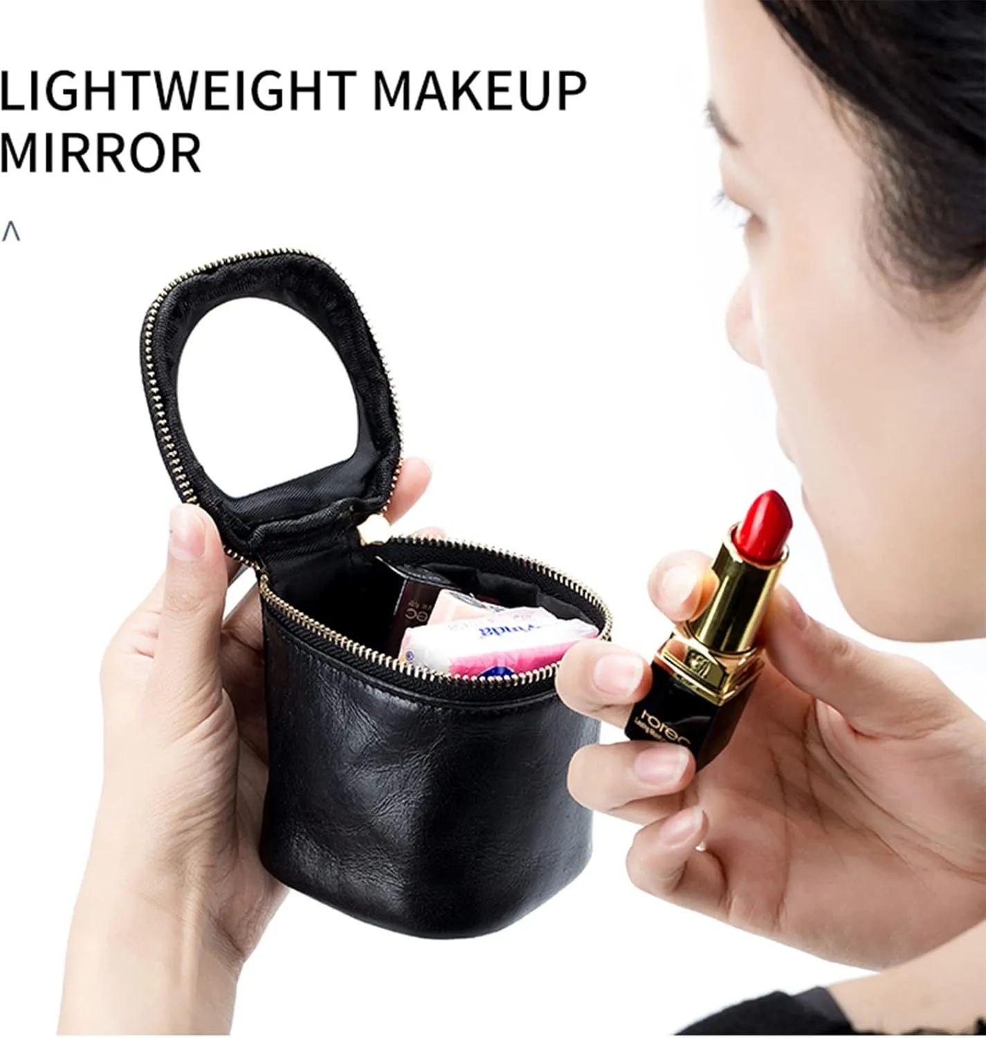 Bucket Makeup Bag with Mirror Genuine Leather Mini Coin Purse Pouch Travel Jewelry Lipstick Case Cosmetic Organizer Purse Clutch Gift for Women Girls