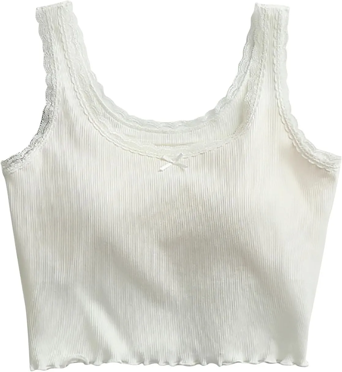 Built-in Bra Cami Tank Tops for Women Lace Trim Sexy Crop Camisole Comfy Cotton Summer Pajamas Padded Sleepwear Yoga Shirts