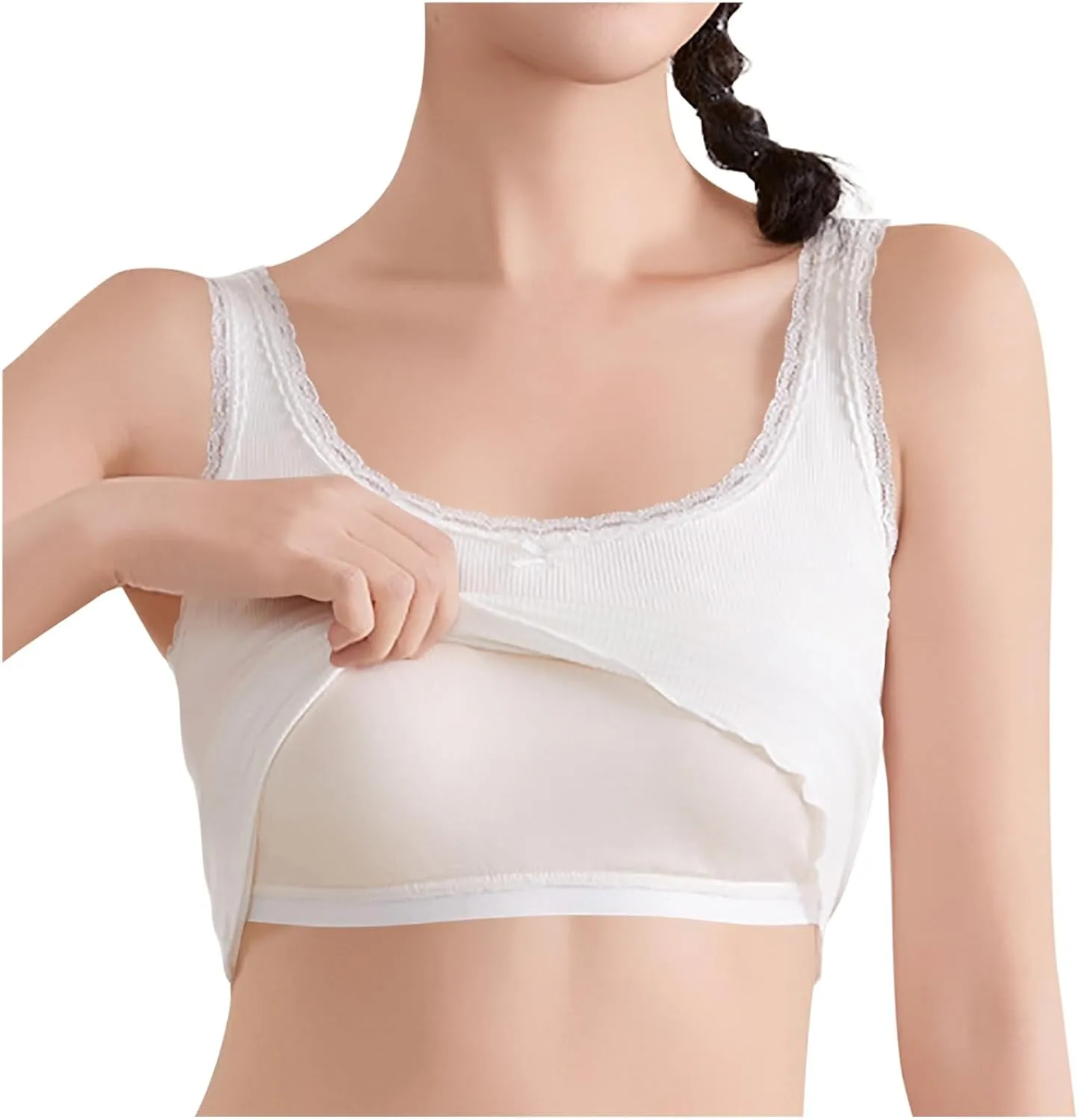 Built-in Bra Cami Tank Tops for Women Lace Trim Sexy Crop Camisole Comfy Cotton Summer Pajamas Padded Sleepwear Yoga Shirts