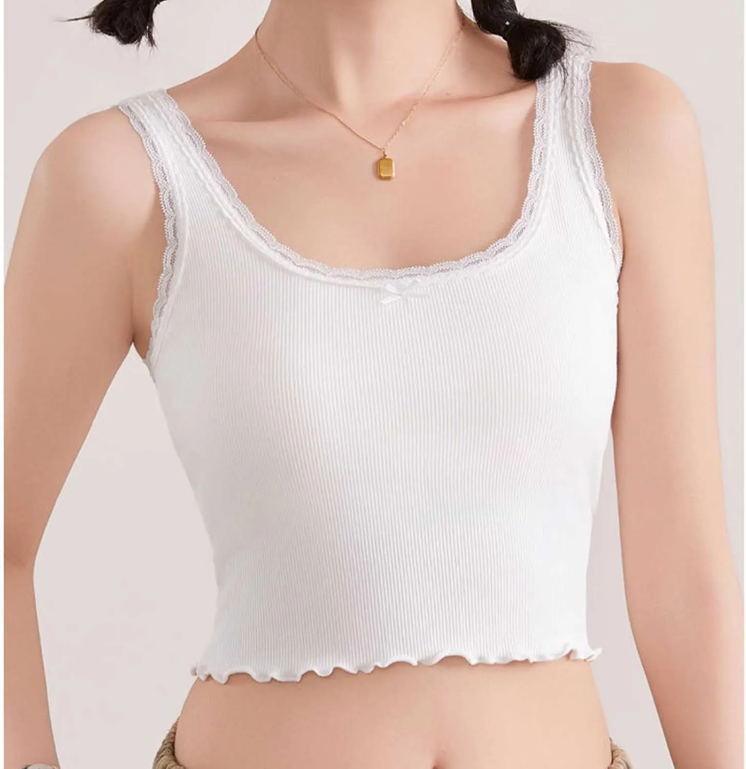 Built-in Bra Cami Tank Tops for Women Lace Trim Sexy Crop Camisole Comfy Cotton Summer Pajamas Padded Sleepwear Yoga Shirts