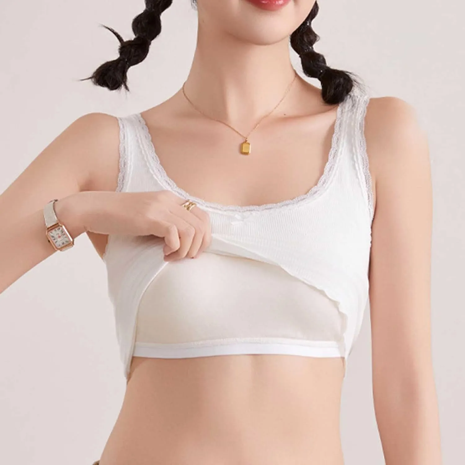 Built-in Bra Cami Tank Tops for Women Lace Trim Sexy Crop Camisole Comfy Cotton Summer Pajamas Padded Sleepwear Yoga Shirts
