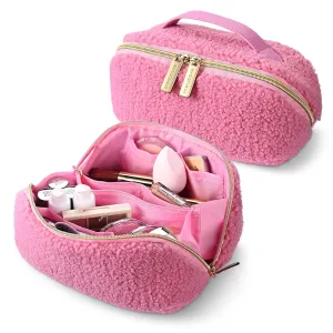 BYOOTIQUE Makeup Bag Plush Makeup Case Open Flat Travel Toiletry Accessories Organizer Cosmetic Bag With Handle and Divider Flat Lay make up bag for Cosmetics Brushes Toiletry Jewelry, Pink