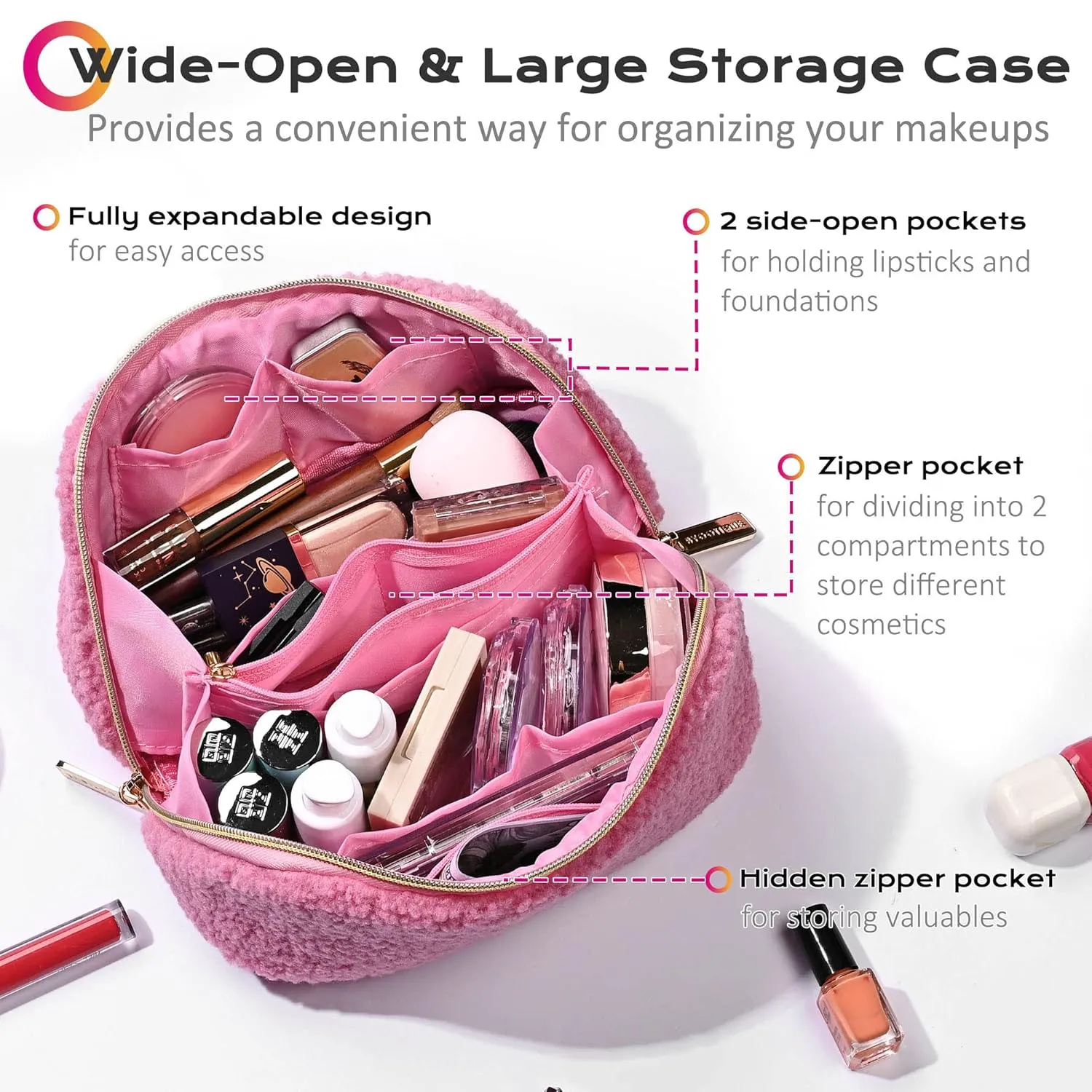 BYOOTIQUE Makeup Bag Plush Makeup Case Open Flat Travel Toiletry Accessories Organizer Cosmetic Bag With Handle and Divider Flat Lay make up bag for Cosmetics Brushes Toiletry Jewelry, Pink