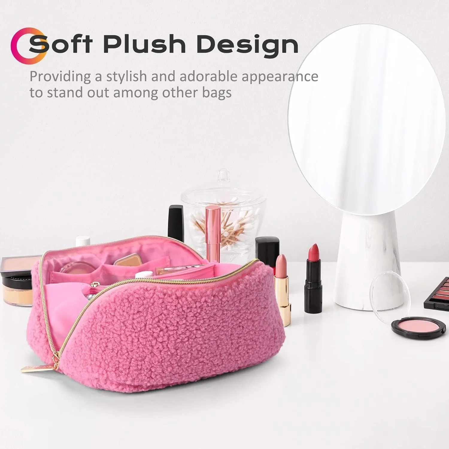 BYOOTIQUE Makeup Bag Plush Makeup Case Open Flat Travel Toiletry Accessories Organizer Cosmetic Bag With Handle and Divider Flat Lay make up bag for Cosmetics Brushes Toiletry Jewelry, Pink