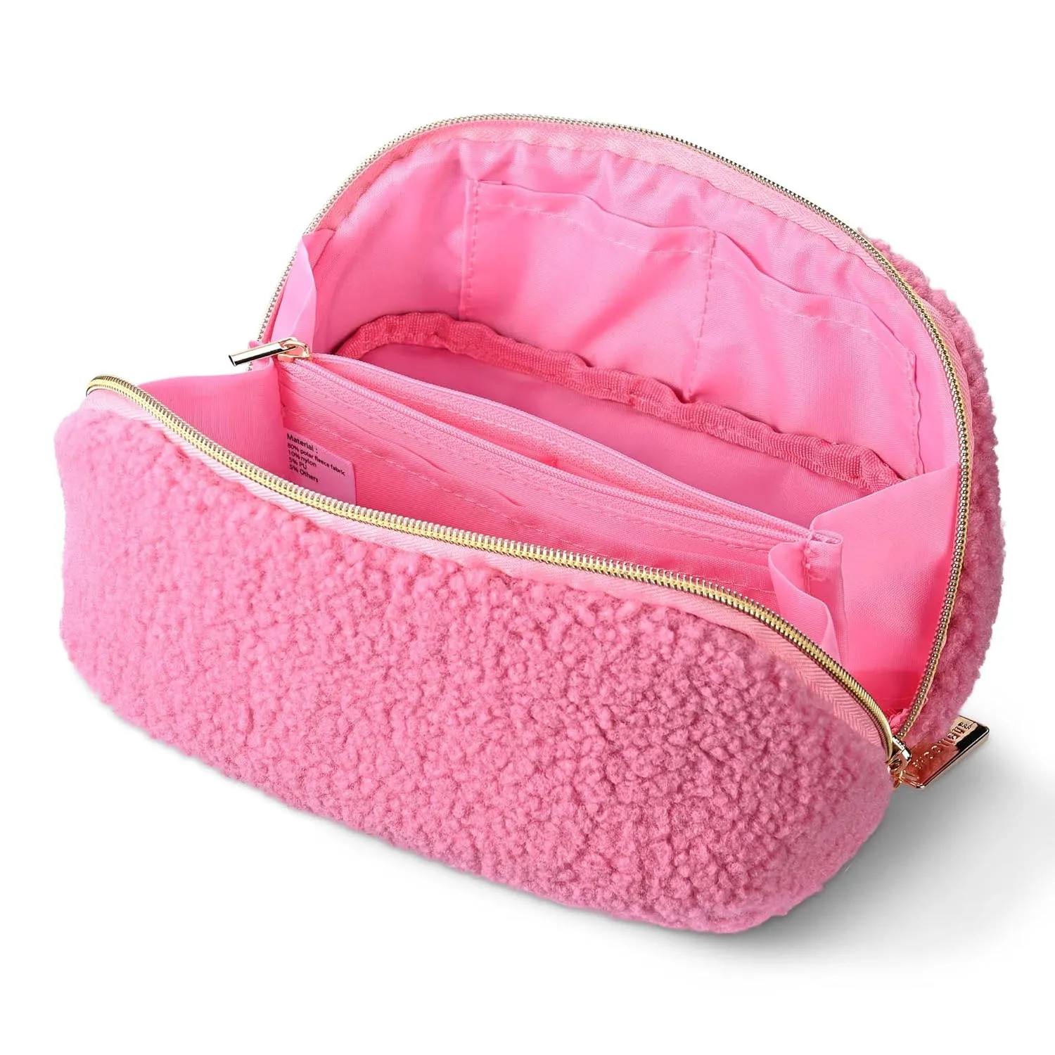 BYOOTIQUE Makeup Bag Plush Makeup Case Open Flat Travel Toiletry Accessories Organizer Cosmetic Bag With Handle and Divider Flat Lay make up bag for Cosmetics Brushes Toiletry Jewelry, Pink