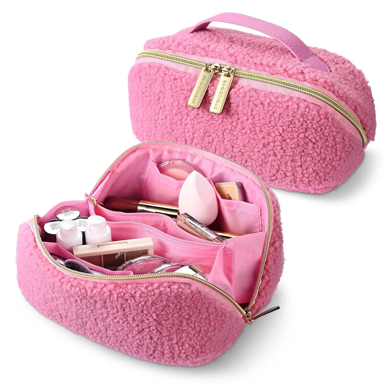 BYOOTIQUE Makeup Bag Plush Makeup Case Open Flat Travel Toiletry Accessories Organizer Cosmetic Bag With Handle and Divider Flat Lay make up bag for Cosmetics Brushes Toiletry Jewelry, Pink