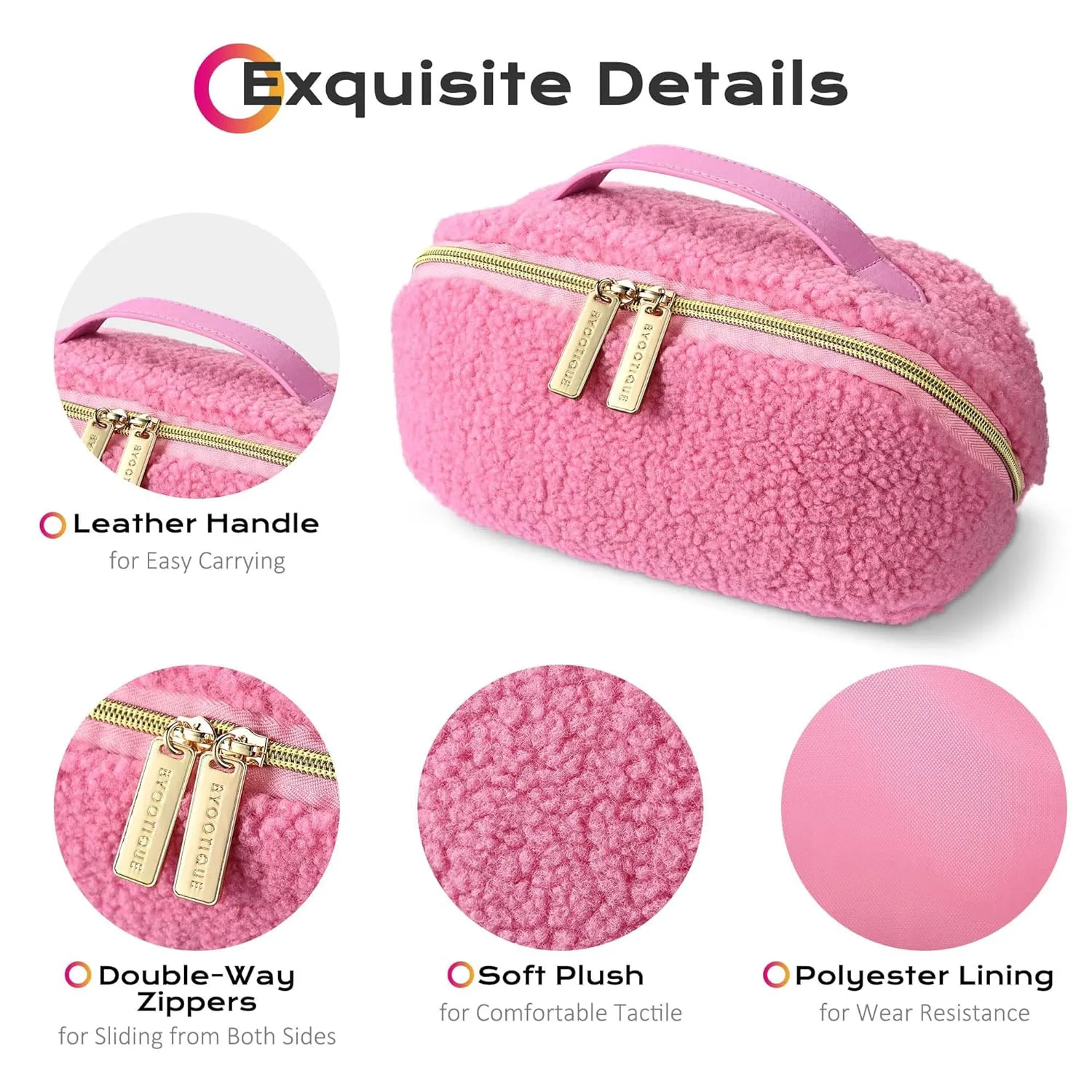 BYOOTIQUE Makeup Bag Plush Makeup Case Open Flat Travel Toiletry Accessories Organizer Cosmetic Bag With Handle and Divider Flat Lay make up bag for Cosmetics Brushes Toiletry Jewelry, Pink