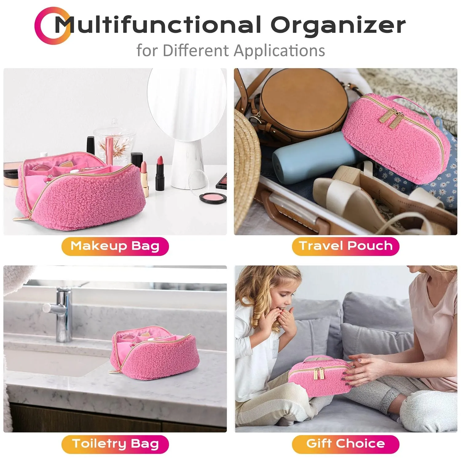 BYOOTIQUE Makeup Bag Plush Makeup Case Open Flat Travel Toiletry Accessories Organizer Cosmetic Bag With Handle and Divider Flat Lay make up bag for Cosmetics Brushes Toiletry Jewelry, Pink