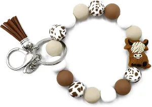 Caiyao Highland Cow Wristlet Keychain for Women Girl Highland Cattle Tassel Key Ring Silicone Bead Bracelet Jewelry