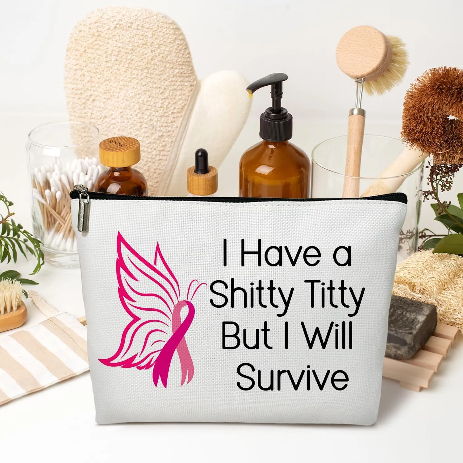 Cancer Awareness Gift for Women Makeup Bag, Breast Cancer Survivor Gift for Her, Cancer Support Gift, I Have a Shitty Titty But I Will Survive - Pink Ribbon Makeup Bag Travel Toiletry Pouch -12