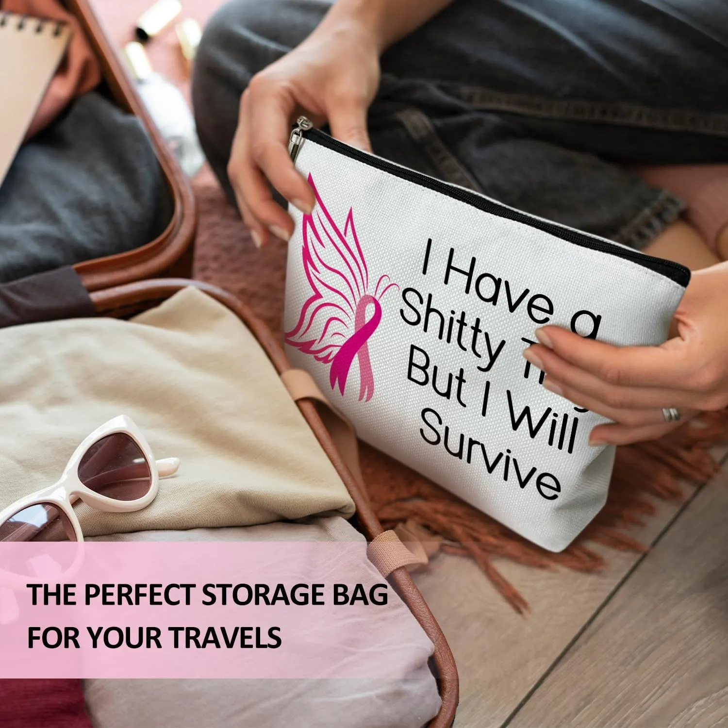 Cancer Awareness Gift for Women Makeup Bag, Breast Cancer Survivor Gift for Her, Cancer Support Gift, I Have a Shitty Titty But I Will Survive - Pink Ribbon Makeup Bag Travel Toiletry Pouch -12