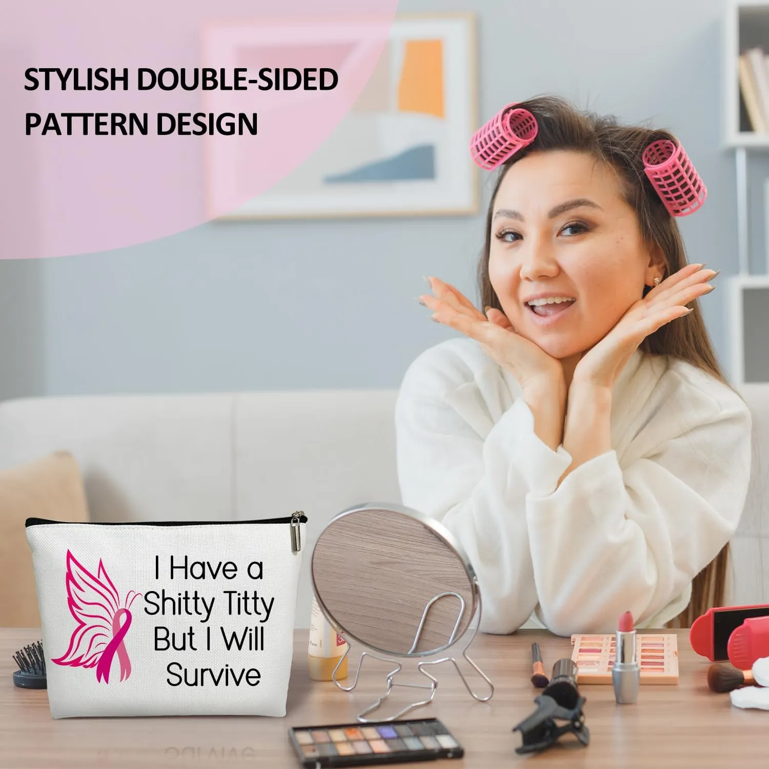 Cancer Awareness Gift for Women Makeup Bag, Breast Cancer Survivor Gift for Her, Cancer Support Gift, I Have a Shitty Titty But I Will Survive - Pink Ribbon Makeup Bag Travel Toiletry Pouch -12