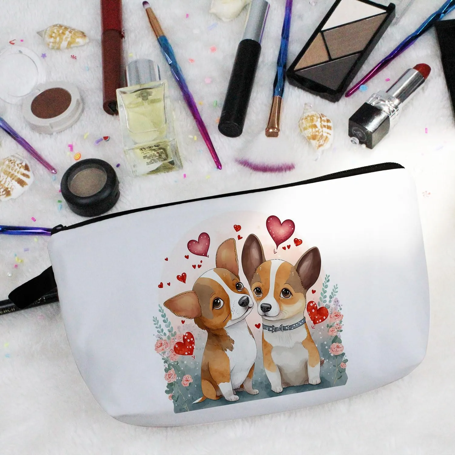 Cartoon Corgi Makeup Bag Cute Small Organizer Bag Toiletry Zipper Pouch Cartoon Corgi Cosmetic Bag Puppy Birthday Present for Dog Lovers Corgi Mom Women