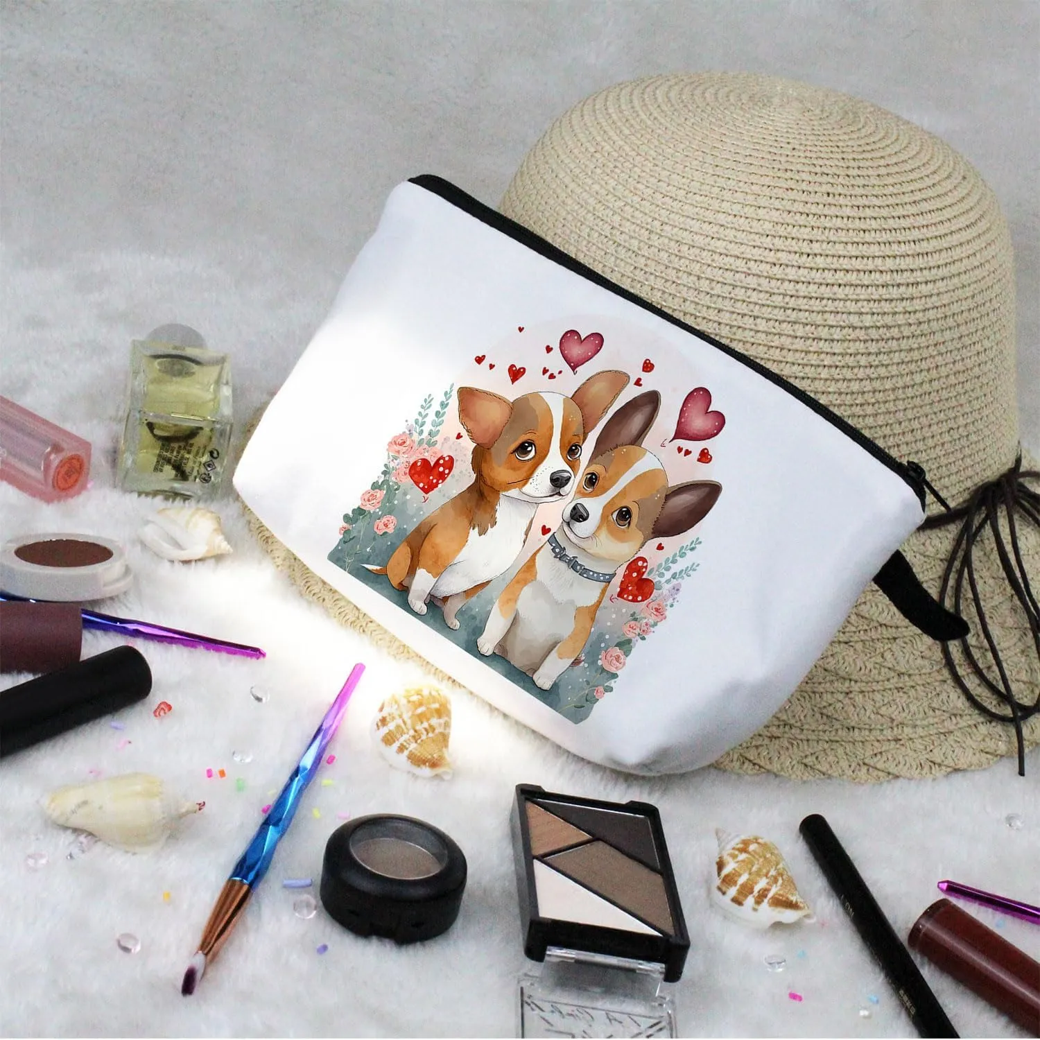 Cartoon Corgi Makeup Bag Cute Small Organizer Bag Toiletry Zipper Pouch Cartoon Corgi Cosmetic Bag Puppy Birthday Present for Dog Lovers Corgi Mom Women