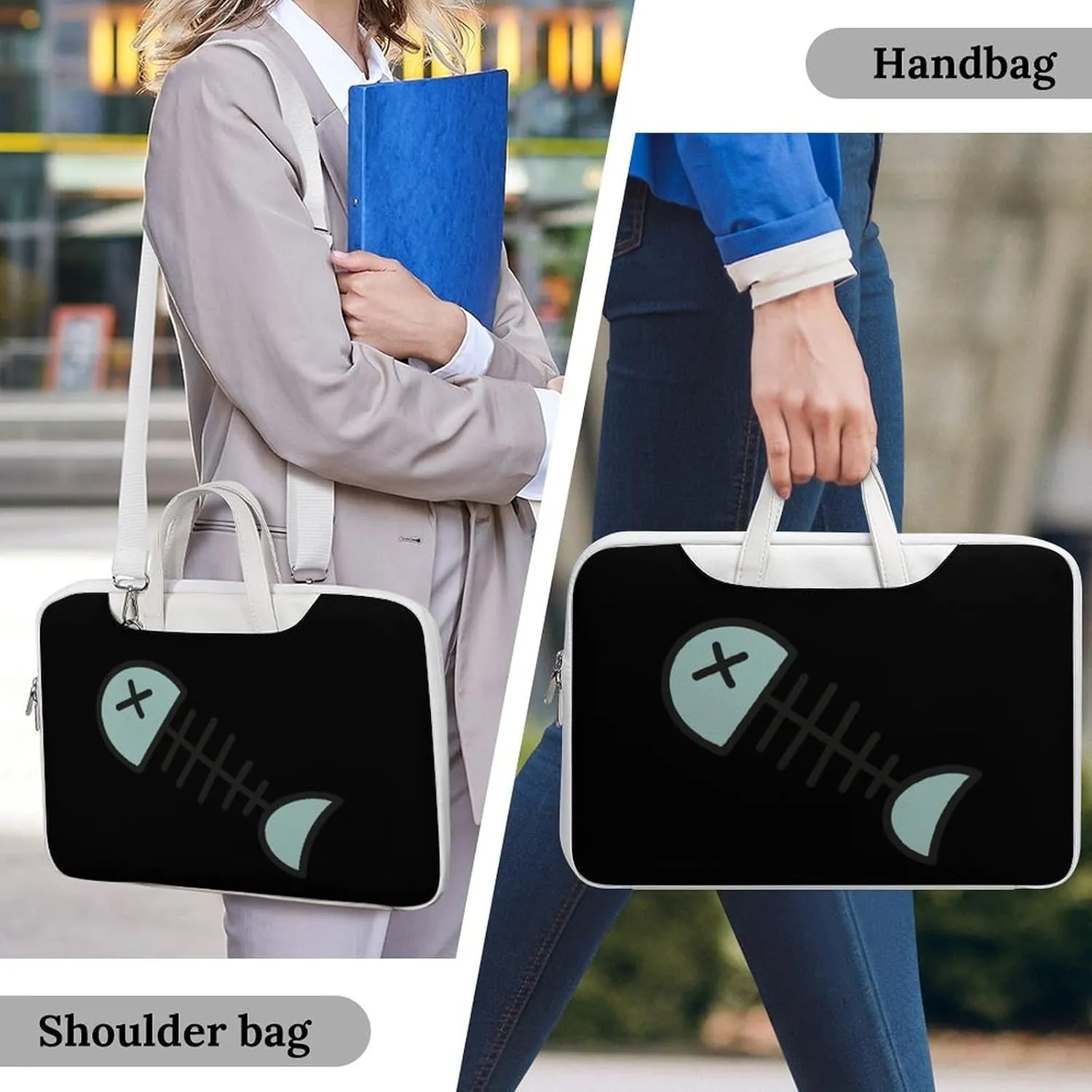 Cartoon Fish Bone Leather Bag Laptop Case Slim Water Resistant Computer Bags with Handle Briefcase for Work