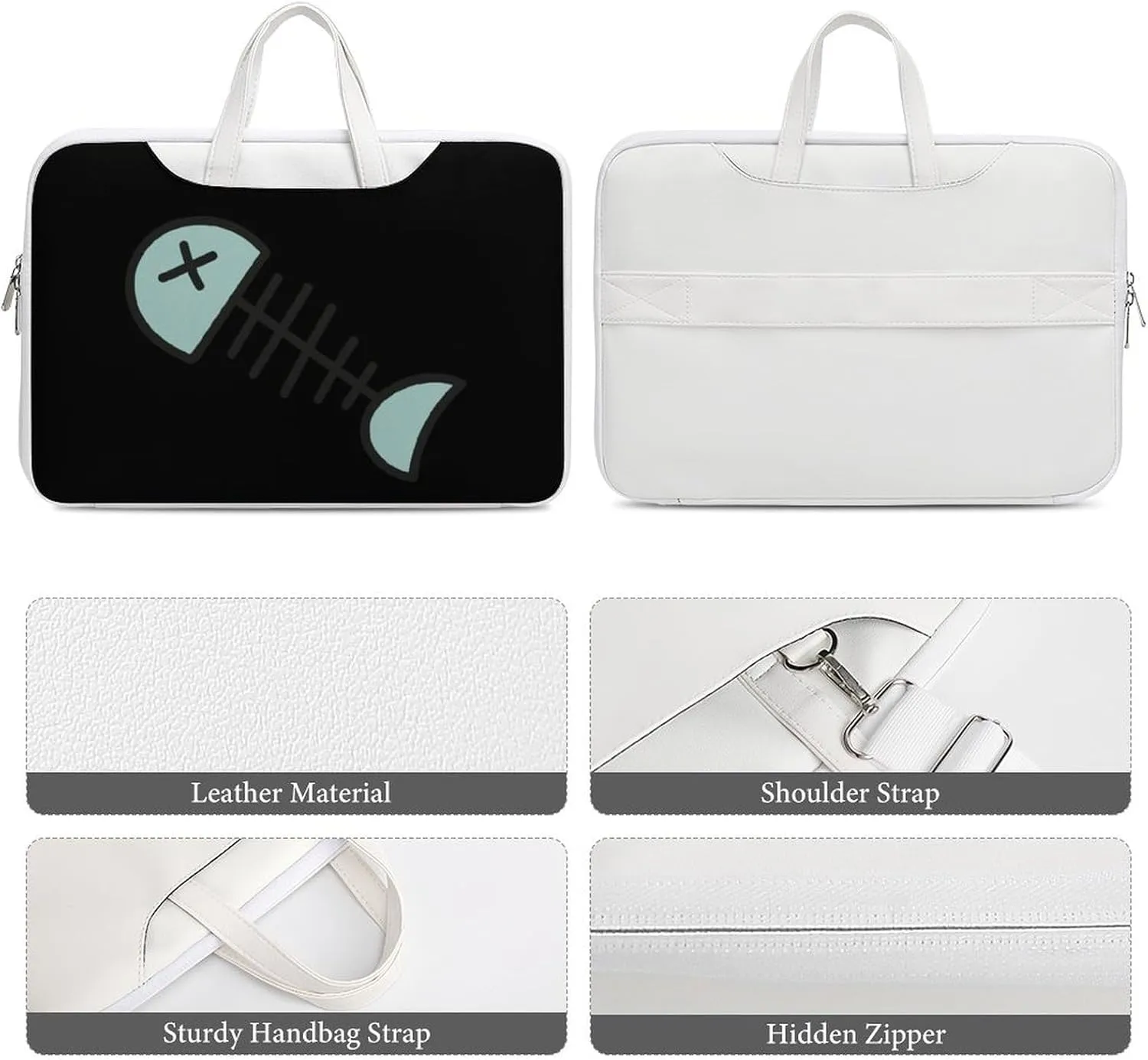 Cartoon Fish Bone Leather Bag Laptop Case Slim Water Resistant Computer Bags with Handle Briefcase for Work