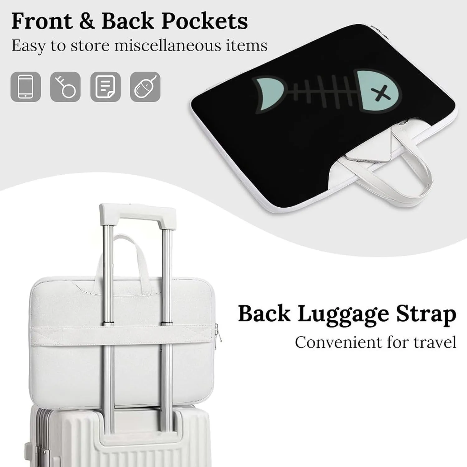 Cartoon Fish Bone Leather Bag Laptop Case Slim Water Resistant Computer Bags with Handle Briefcase for Work