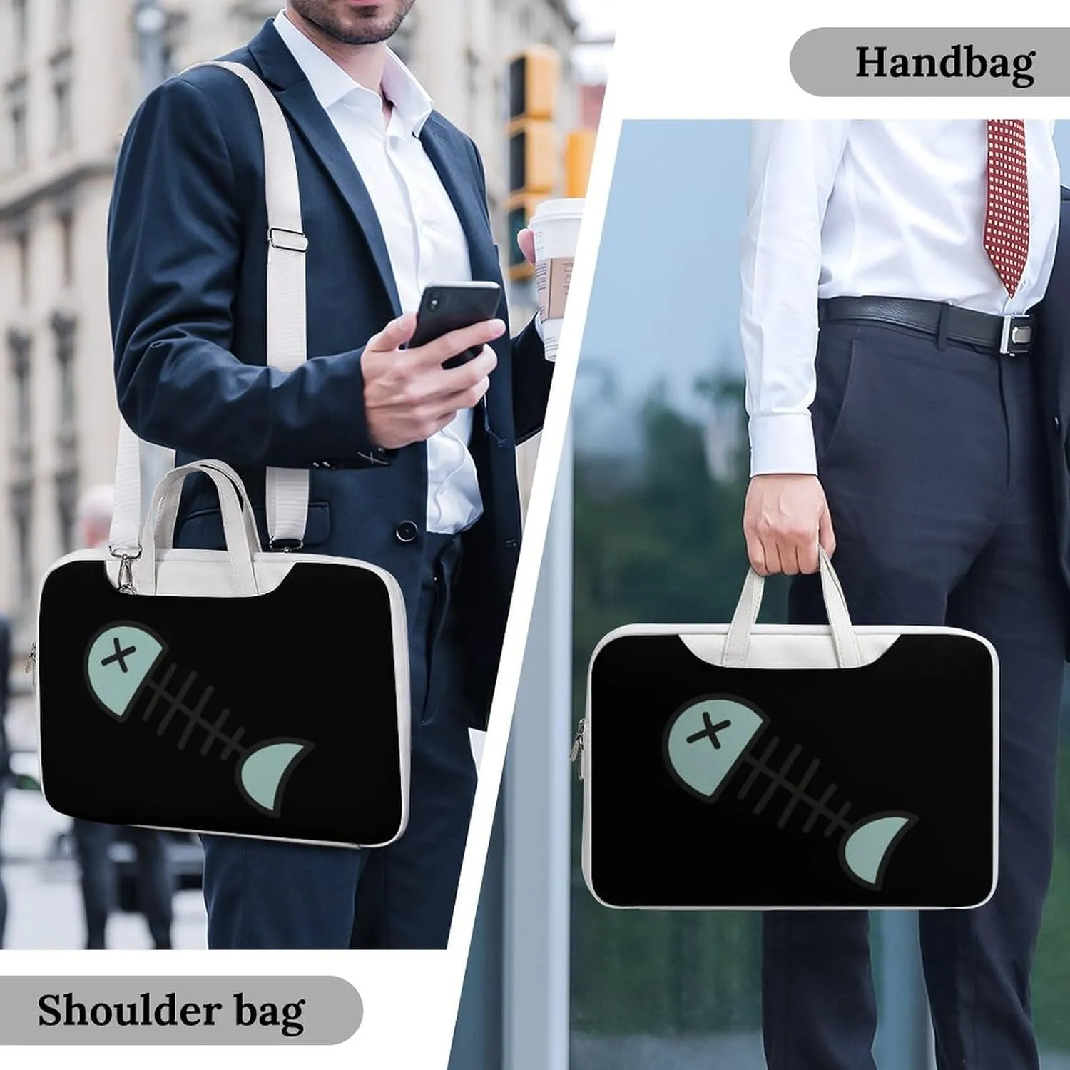 Cartoon Fish Bone Leather Bag Laptop Case Slim Water Resistant Computer Bags with Handle Briefcase for Work