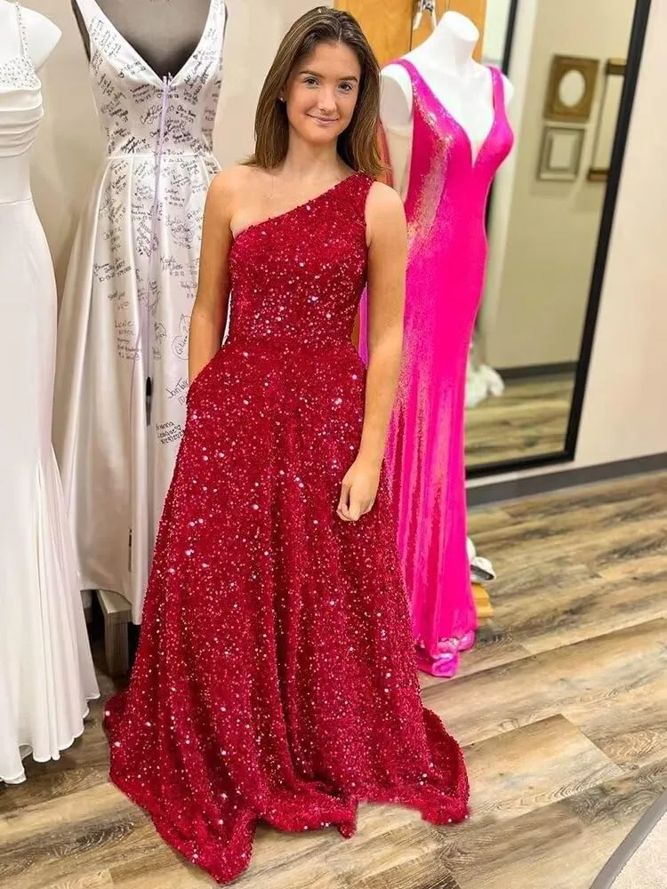 Changuan One Shoulder Sequin Prom Dresses for Women 2025 Long Sparkly Ball Gowns Formal Dress A Line Evening Party Gowns