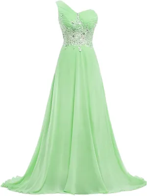 CharmingBridal One Shoulder Prom Dresses Lace Pleated Chiffon Long Evening Gowns