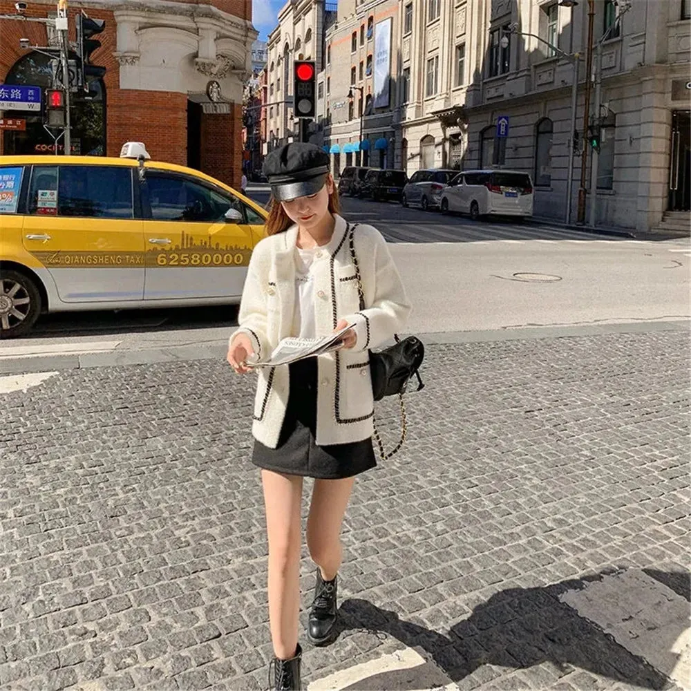 Chic White Mink Cashmere Sweater Coat for Women - Cozy Autumn Winter Knitted Cardigan with Loose Fit and O Neck for Effortless Style