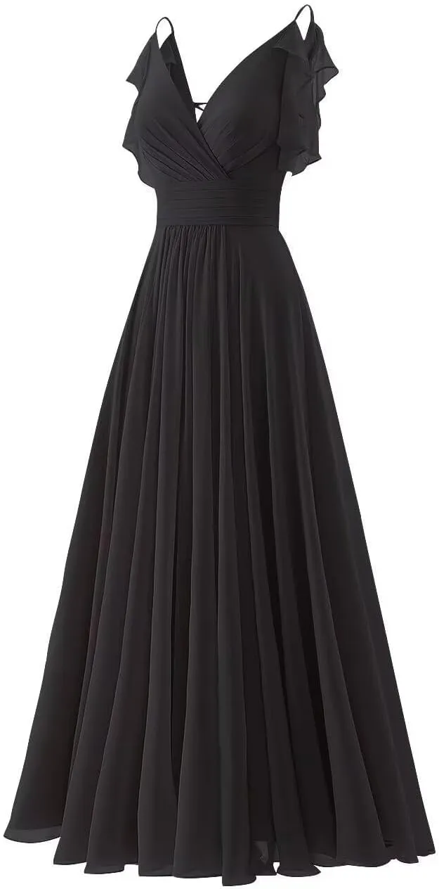Chiffon Ruffle Sleeve Bridesmaid Dresses Long for Women 2025 V-Neck Spaghetti Straps Formal Wedding Guest Ball Gowns